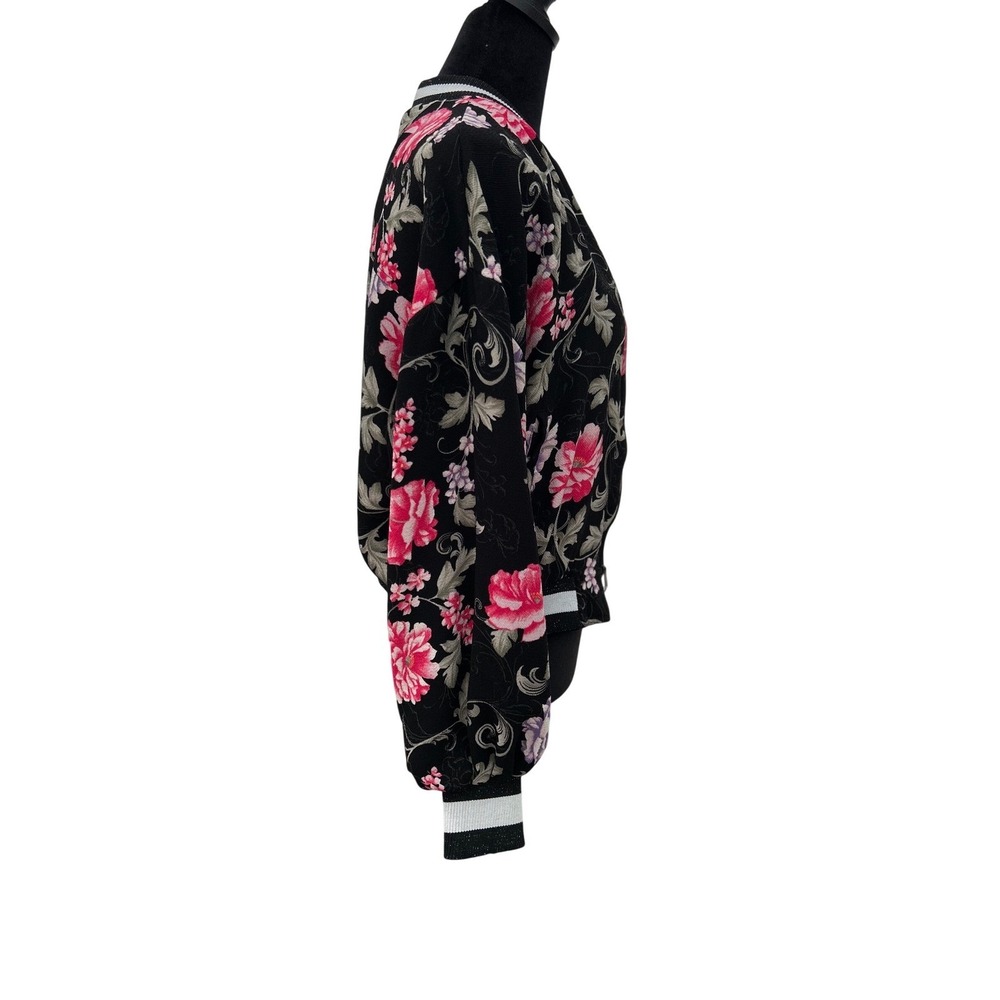 Cotton On Floral Bomber Jacket Black Pink Purple Varsity Trim Zip Up Womens 8 - Picture 3 of 10